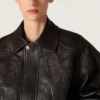 Damen-Bomberjacke aus dunkelburgunderrotem Nappaleder mit Blumenstickerei