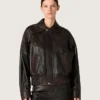 Damen-Bomberjacke aus dunkelburgunderrotem Nappaleder mit Blumenstickerei