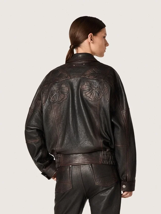 Damen-Bomberjacke aus dunkelburgunderrotem Nappaleder mit Blumenstickerei