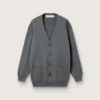 Damen-Cardigan aus meliertem grauen Baumwollstoff mit Logo auf der Rückseite