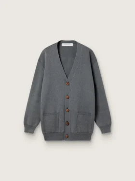 Damen-Cardigan aus meliertem grauen Baumwollstoff mit Logo auf der Rückseite