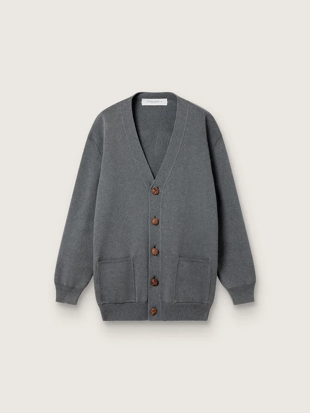 Damen-Cardigan aus meliertem grauen Baumwollstoff mit Logo auf der Rückseite