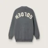 Damen-Cardigan aus meliertem grauen Baumwollstoff mit Logo auf der Rückseite