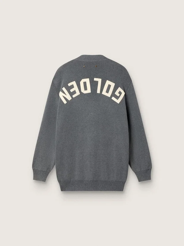 Damen-Cardigan aus meliertem grauen Baumwollstoff mit Logo auf der Rückseite