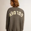 Damen-Cardigan aus meliertem grauen Baumwollstoff mit Logo auf der Rückseite