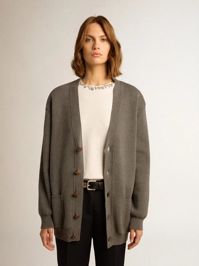 Damen-Cardigan aus meliertem grauen Baumwollstoff mit Logo auf der Rückseite