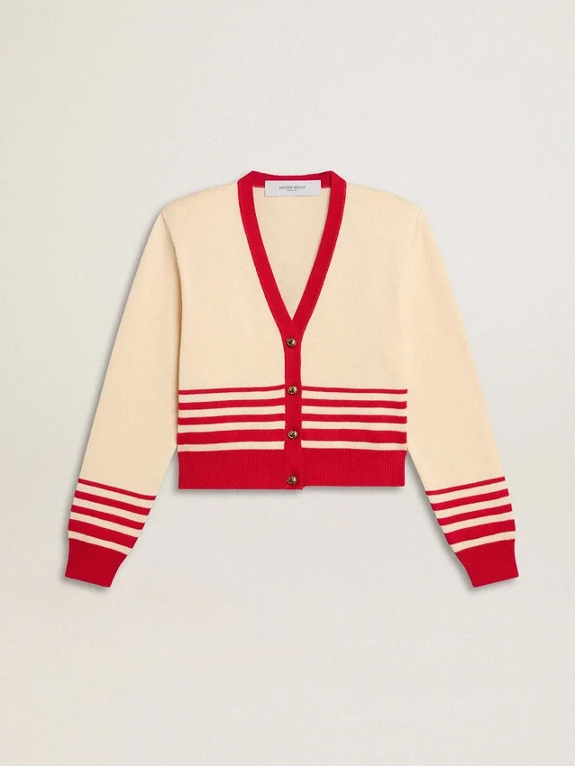 Damen-Cardigan in Creme mit roten Streifen