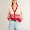 Damen-Cardigan in Creme mit roten Streifen