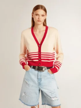 Damen-Cardigan in Creme mit roten Streifen