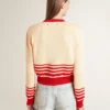 Damen-Cardigan in Creme mit roten Streifen