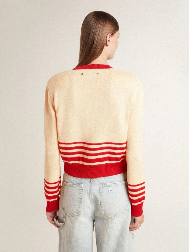 Damen-Cardigan in Creme mit roten Streifen