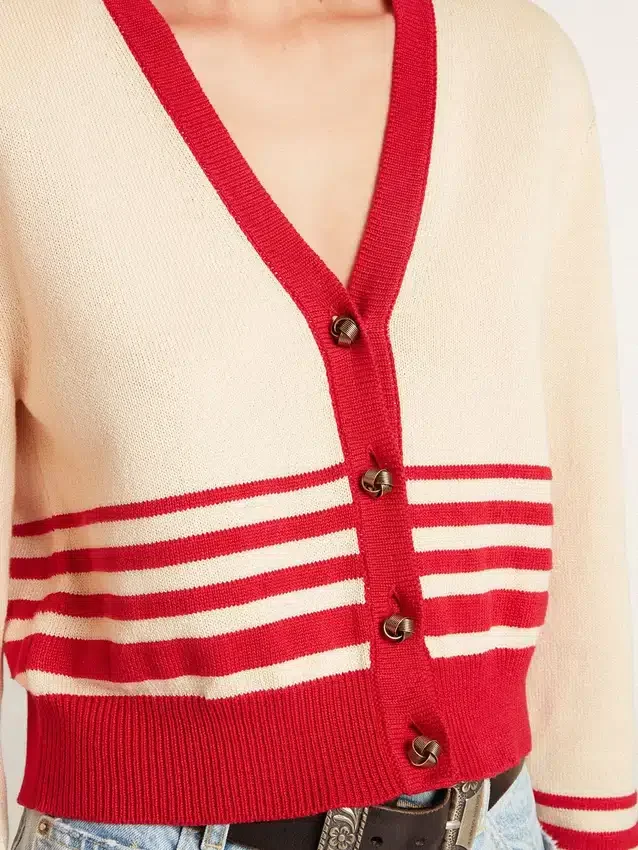 Damen-Cardigan in Creme mit roten Streifen