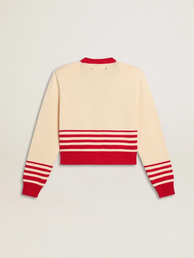 Damen-Cardigan in Creme mit roten Streifen