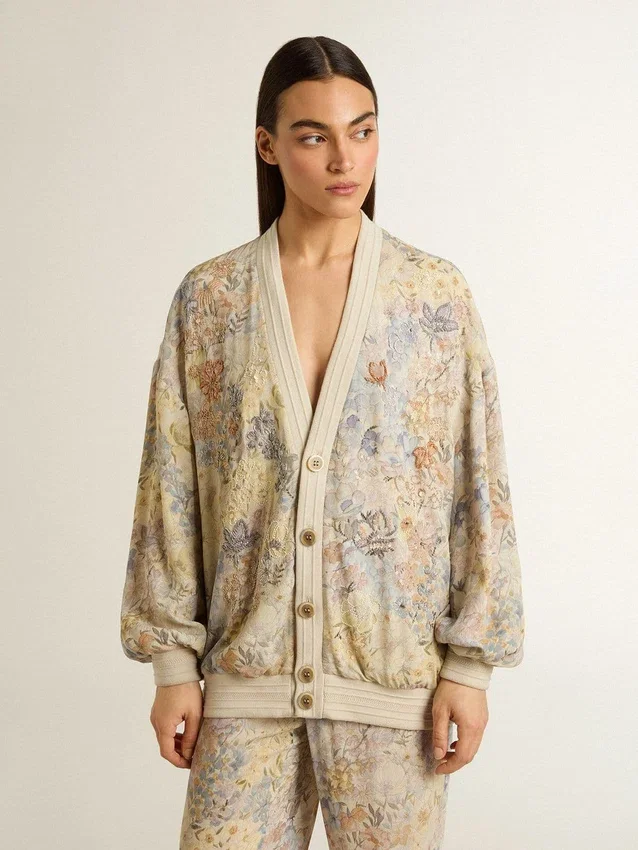 Damen-Cardigan mit Blumenprint und Stickerei