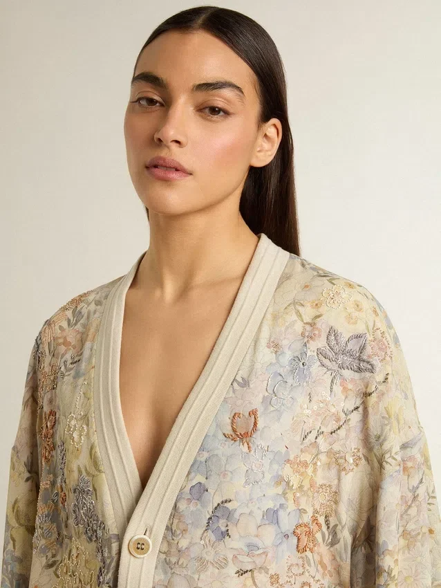 Damen-Cardigan mit Blumenprint und Stickerei
