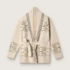 Damen-Cardigan mit Gürtel aus beiger Wollmischung mit Kontraststickerei