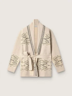 Damen-Cardigan mit Gürtel aus beiger Wollmischung mit Kontraststickerei
