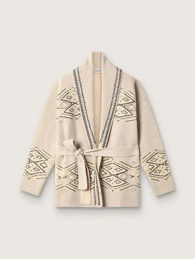Damen-Cardigan mit Gürtel aus beiger Wollmischung mit Kontraststickerei
