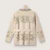 Damen-Cardigan mit Gürtel aus beiger Wollmischung mit Kontraststickerei