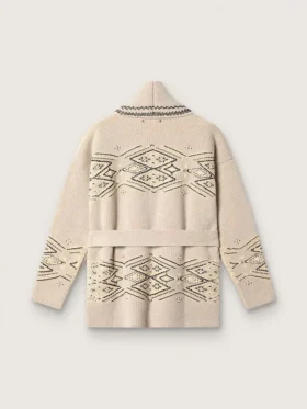 Damen-Cardigan mit Gürtel aus beiger Wollmischung mit Kontraststickerei