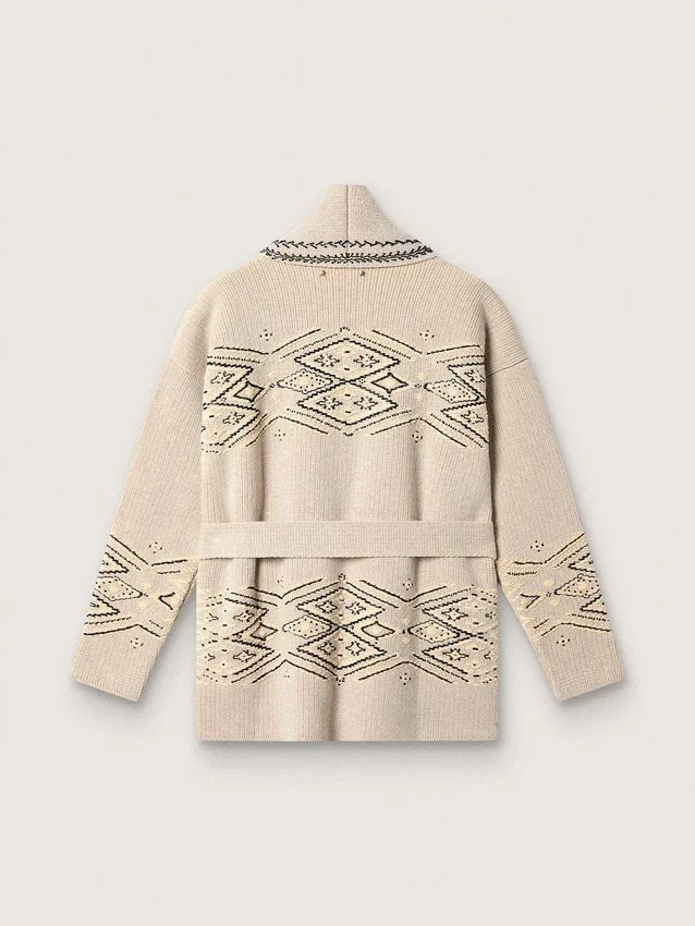 Damen-Cardigan mit Gürtel aus beiger Wollmischung mit Kontraststickerei