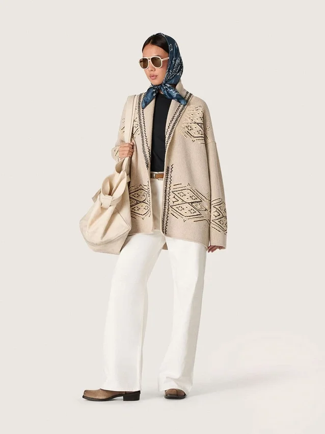 Damen-Cardigan mit Gürtel aus beiger Wollmischung mit Kontraststickerei