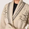 Damen-Cardigan mit Gürtel aus beiger Wollmischung mit Kontraststickerei