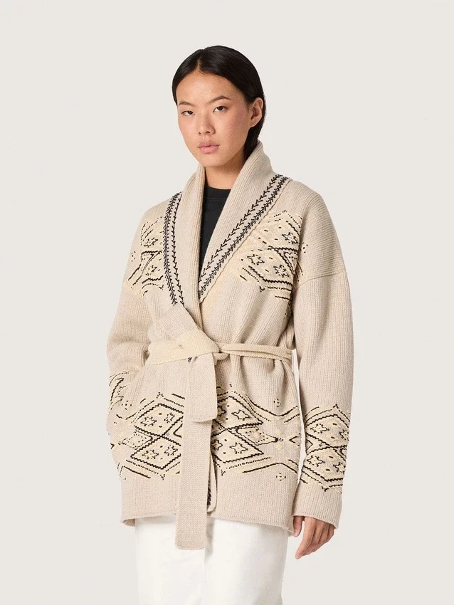 Damen-Cardigan mit Gürtel aus beiger Wollmischung mit Kontraststickerei