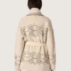 Damen-Cardigan mit Gürtel aus beiger Wollmischung mit Kontraststickerei