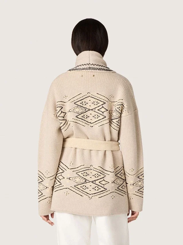 Damen-Cardigan mit Gürtel aus beiger Wollmischung mit Kontraststickerei