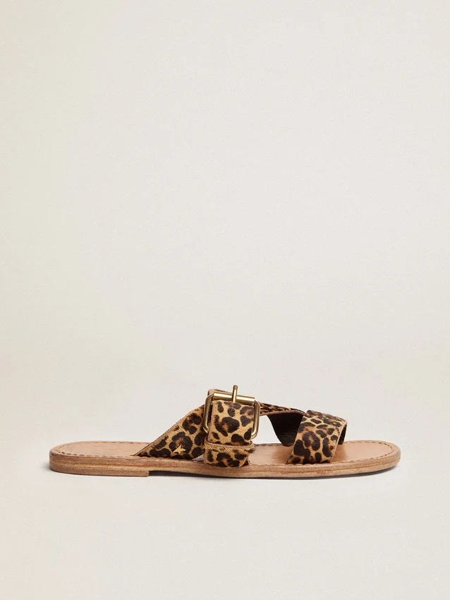 Damen-Flachsandalen «Margaret» aus Ponyfell mit Leopardenmuster