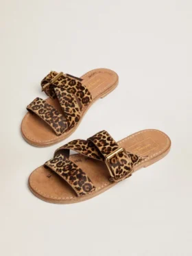 Damen-Flachsandalen «Margaret» aus Ponyfell mit Leopardenmuster