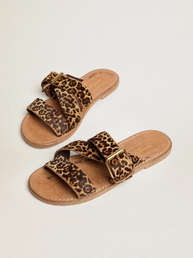 Damen-Flachsandalen «Margaret» aus Ponyfell mit Leopardenmuster