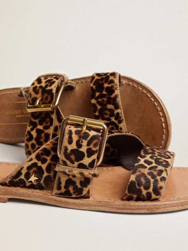 Damen-Flachsandalen «Margaret» aus Ponyfell mit Leopardenmuster
