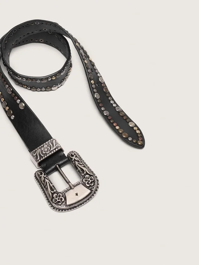 Damen-Gürtel aus schwarzem Leder mit Nieten