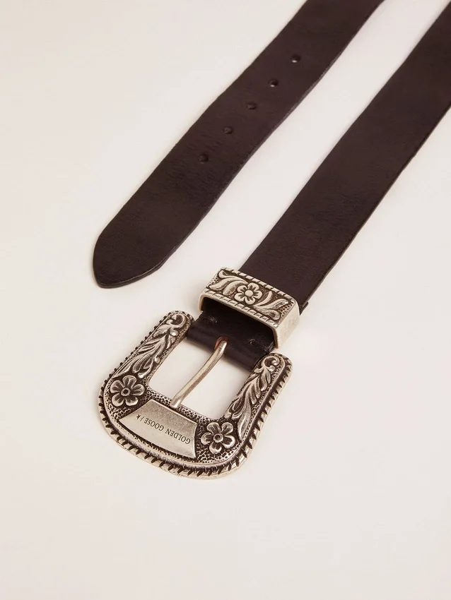 Damen-Gürtel aus schwarzem Leder mit silberverzierter Schnalle