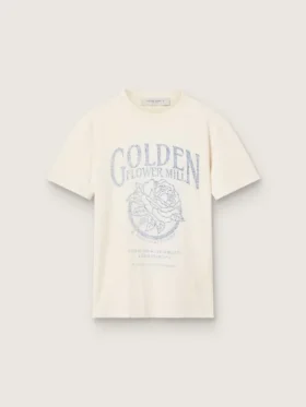 Damen-Hemd aus gealterter weisser Baumwolle mit Vintage-Print