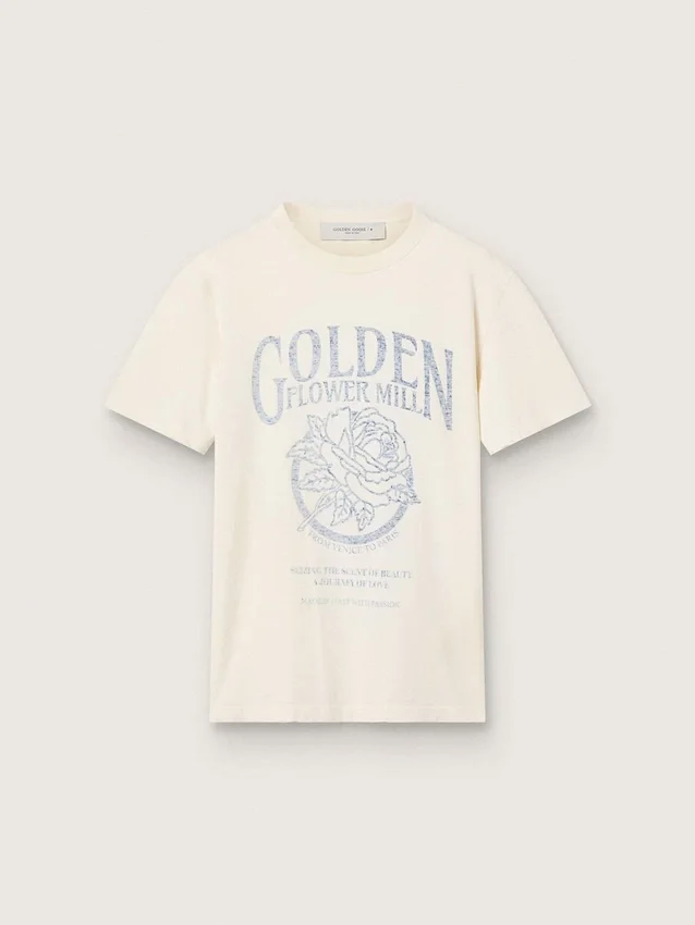 Damen-Hemd aus gealterter weisser Baumwolle mit Vintage-Print