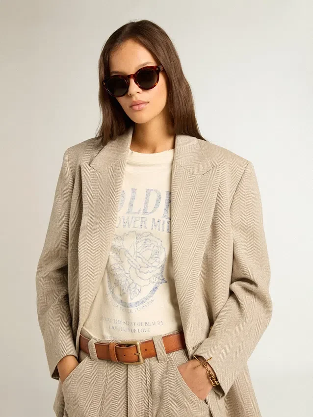 Damen-Hemd aus gealterter weisser Baumwolle mit Vintage-Print