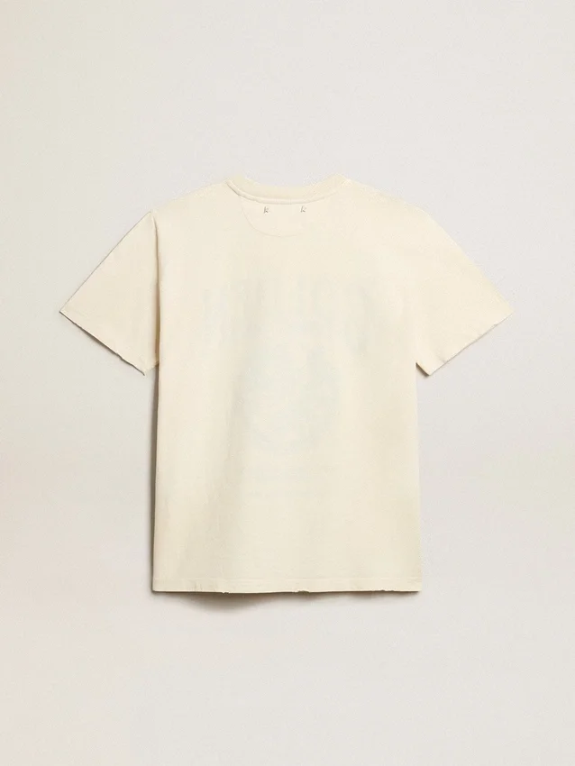 Damen-Hemd aus gealterter weisser Baumwolle mit Vintage-Print