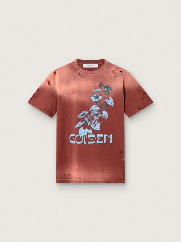 Damen-Hemd aus rostfarbenem Baumwolljersey mit Blumenprint