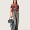 Damen-Hemd aus rostfarbenem Baumwolljersey mit Blumenprint