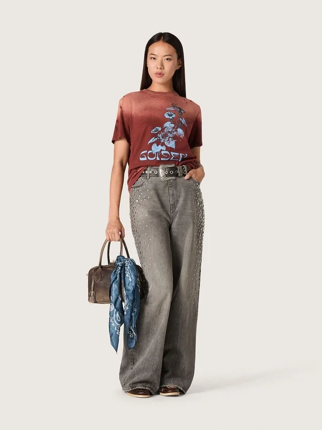 Damen-Hemd aus rostfarbenem Baumwolljersey mit Blumenprint