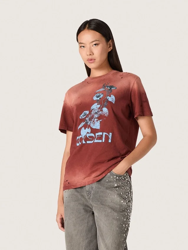 Damen-Hemd aus rostfarbenem Baumwolljersey mit Blumenprint