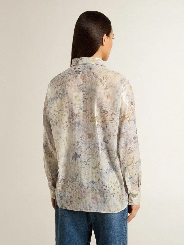 Damen-Hemd mit mehrfarbigem Blumen-Paillettenprint