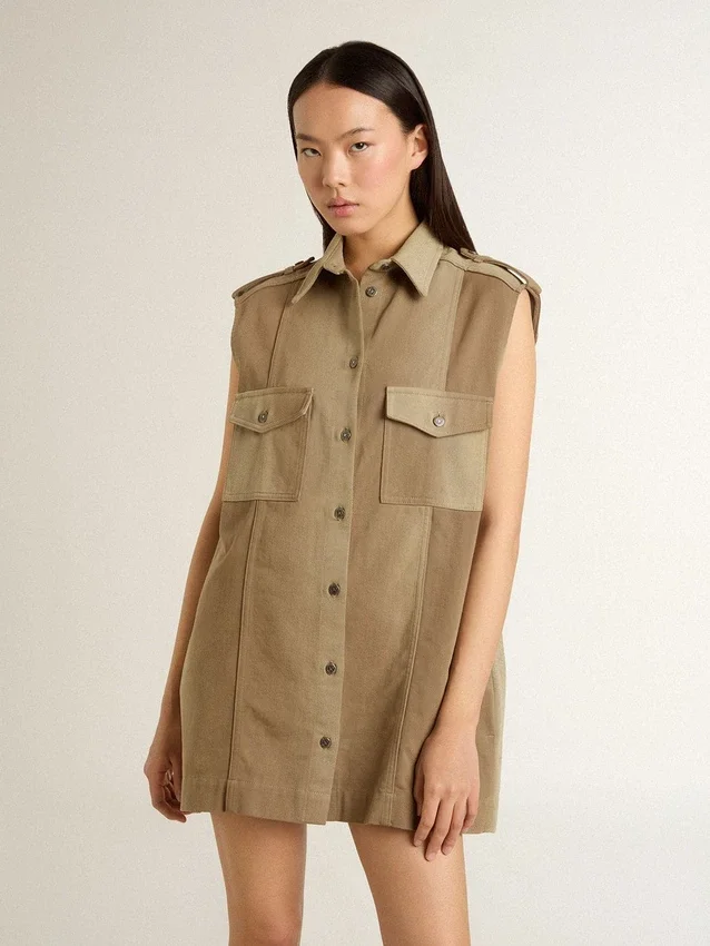 Damen-Hemdkleid aus sandfarbenem Denim mit Military-Details