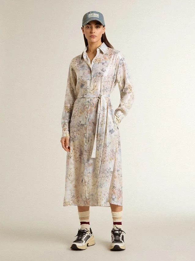 Damen-Hemdkleid mit mehrfarbigem Blumenprint aus Pailletten