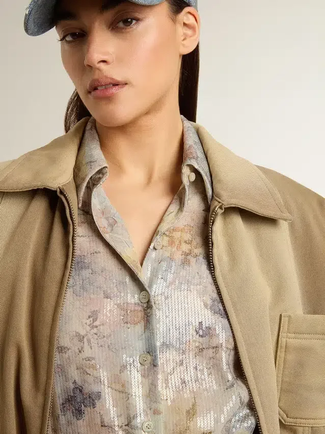 Damen-Hemdkleid mit mehrfarbigem Blumenprint aus Pailletten