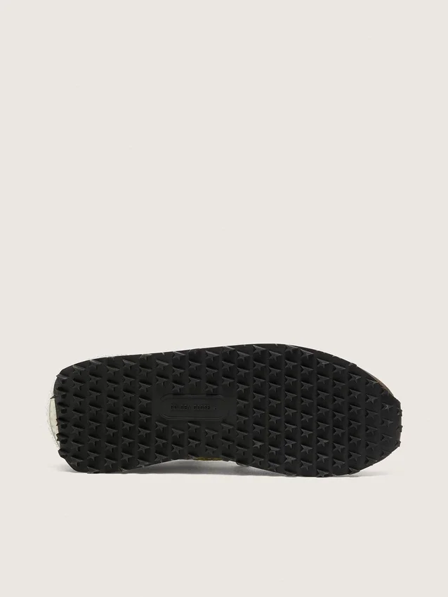 Damen-Marathon aus limettengrünem Nylon mit schwarzem Stern und braunen Wildledereinsätzen