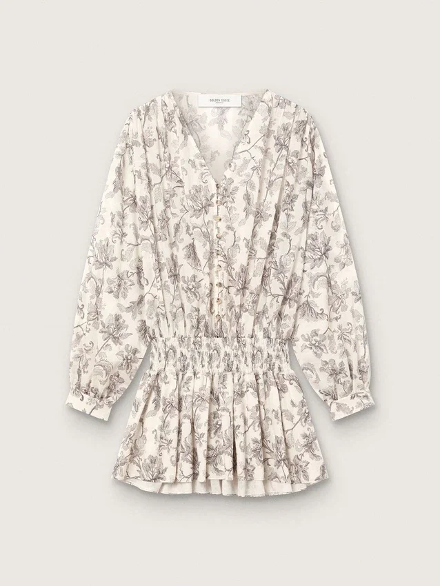 Damen-Minikleid aus Baumwolle mit schwarz-weissem Blumenprint
